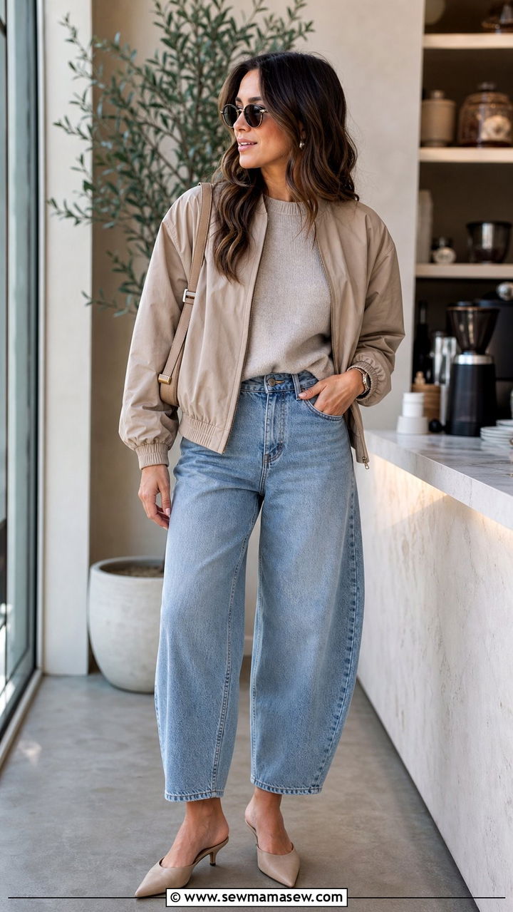 Bomber jacket with fine knit sweater and barrel leg jeans - 25 Spring outfits with bomber jackets