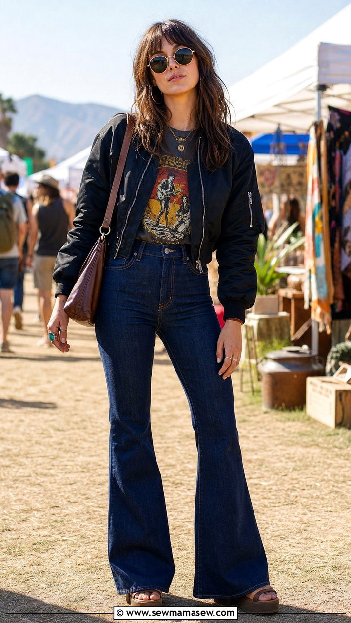 Bomber jacket with flare jeans and platform sandals - 35 bomber jacket outfit ideas for women