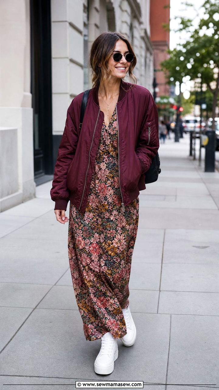 Bomber jacket with floral maxi dress and platform sneakers - 30 Maxi dress outfit ideas with a jacket