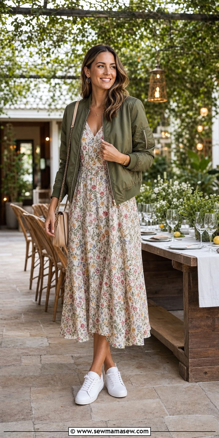 Bomber jacket with floral midi dress and sneakers - 25 spring mode sportif outfit ideas