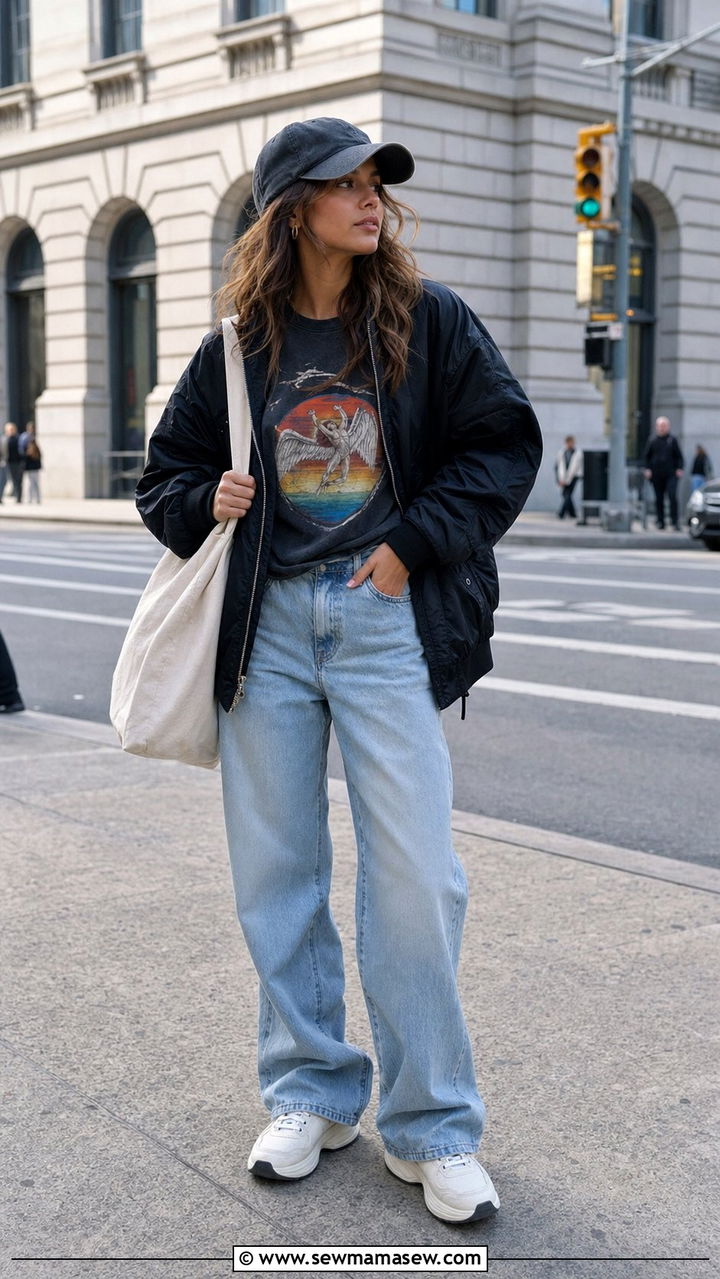 Bomber jacket with graphic tee and baggy jeans - 35 bomber jacket outfit ideas for women