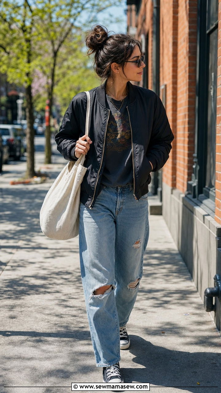 Bomber jacket with graphic tee and distressed jeans - 25 Spring outfits with bomber jackets