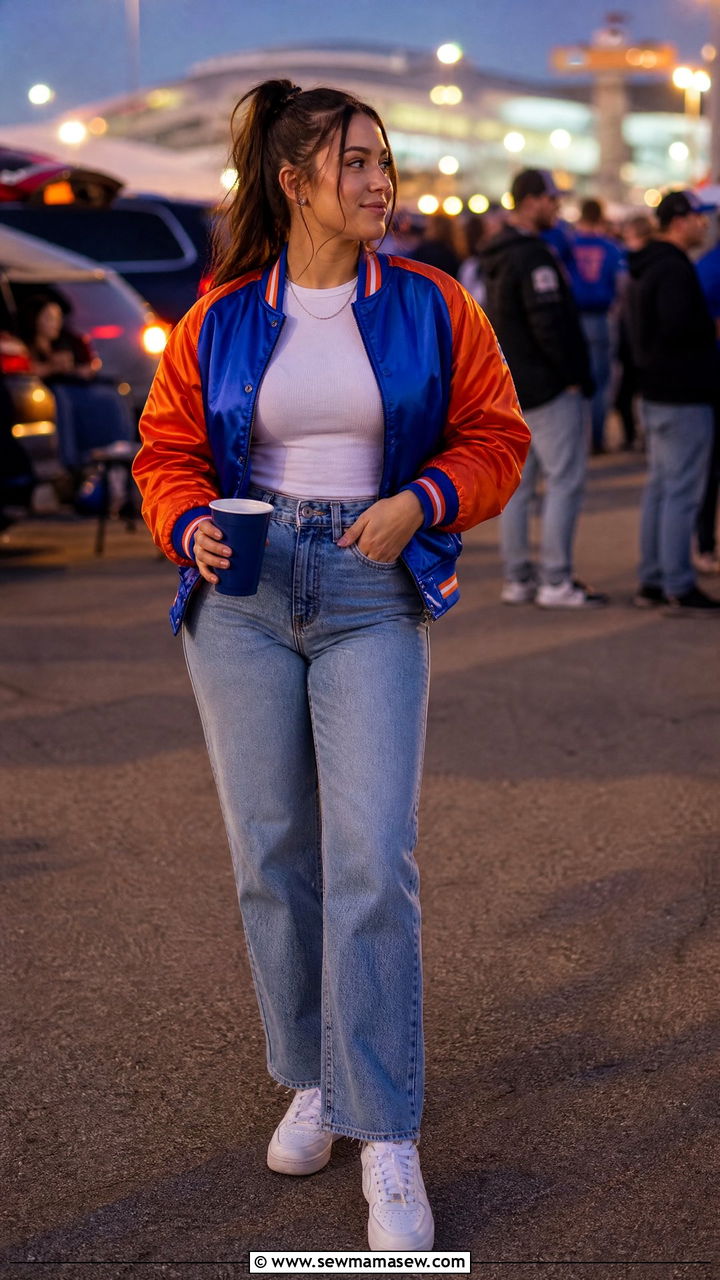 Bomber jacket with high waisted jeans fit - 20 Gameday outfit ideas Florida