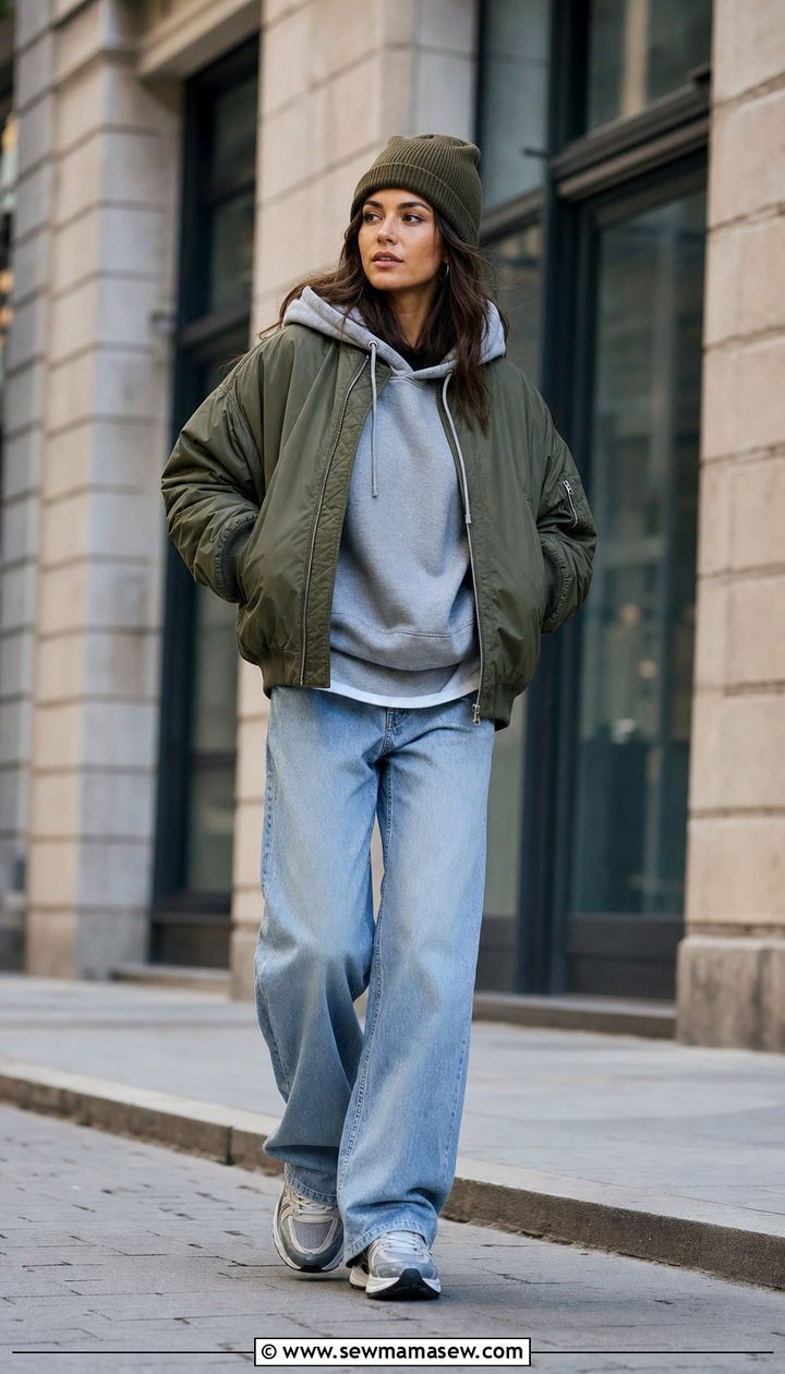 Bomber jacket with hoodie and sneakers - 35 Bomber jacket outfit ideas