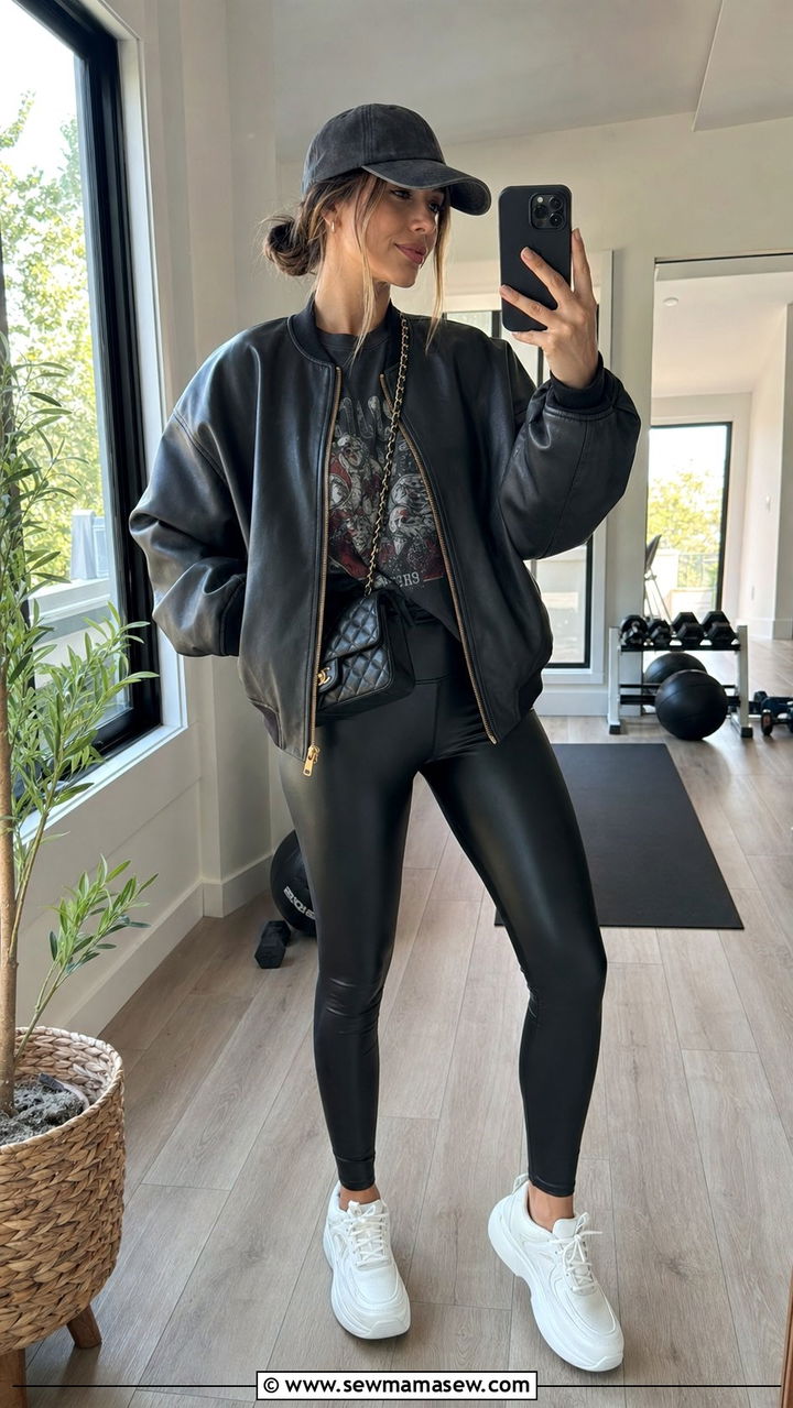 Bomber jacket with leggings and chunky sneakers - 35 bomber jacket outfit ideas for women