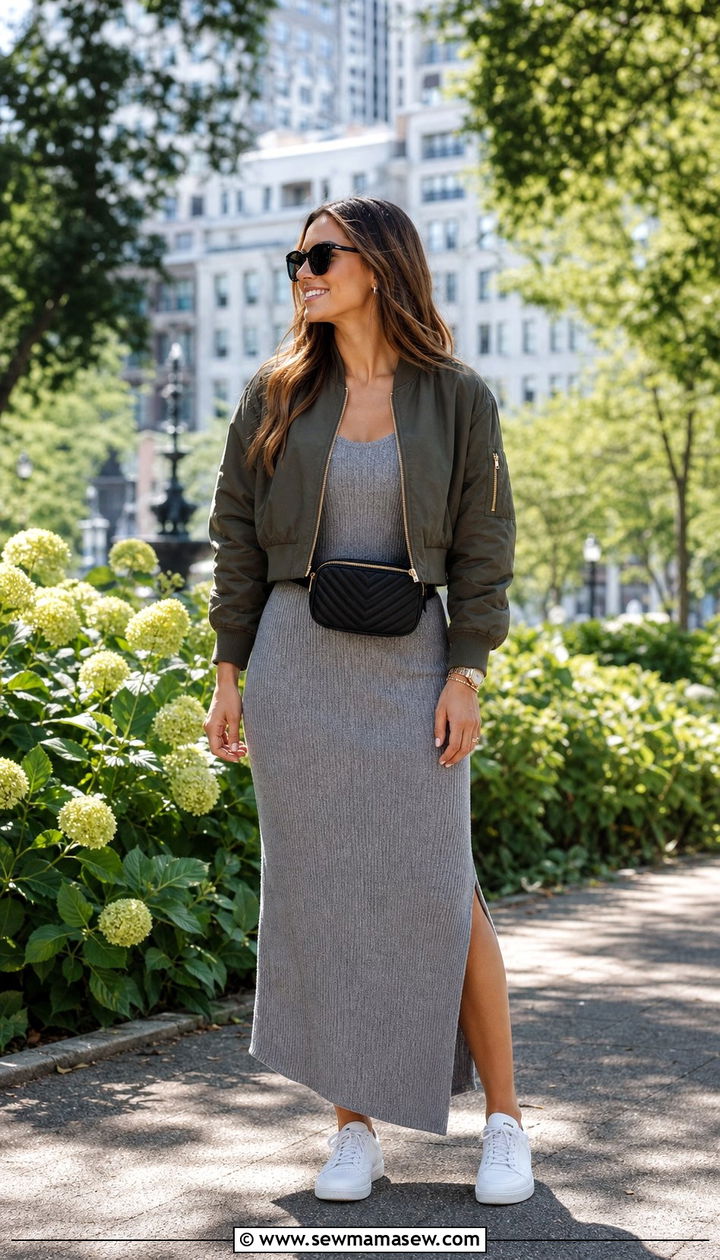 Bomber jacket with maxi dress - 35 Bomber jacket outfit ideas