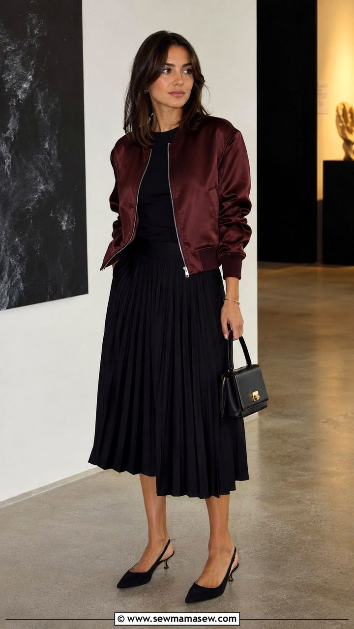 Bomber jacket with midi skirt and kitten heels - 30 classy jacket outfits