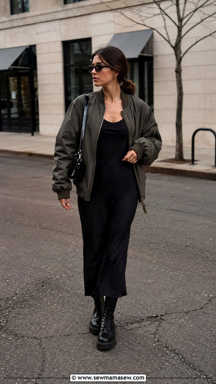Bomber jacket with midi slip dress and combat boots - 30 spring running errands outfit ideas