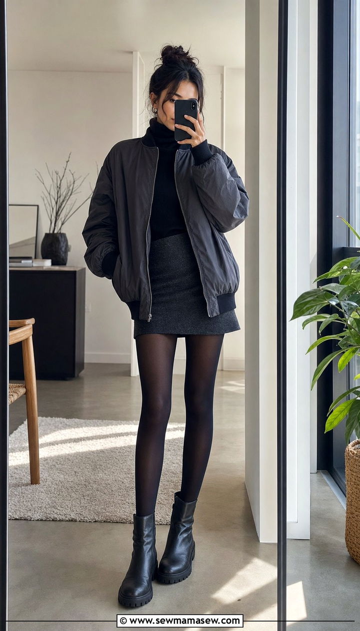 Bomber jacket with mini skirt and boots - 35 Bomber jacket outfit ideas