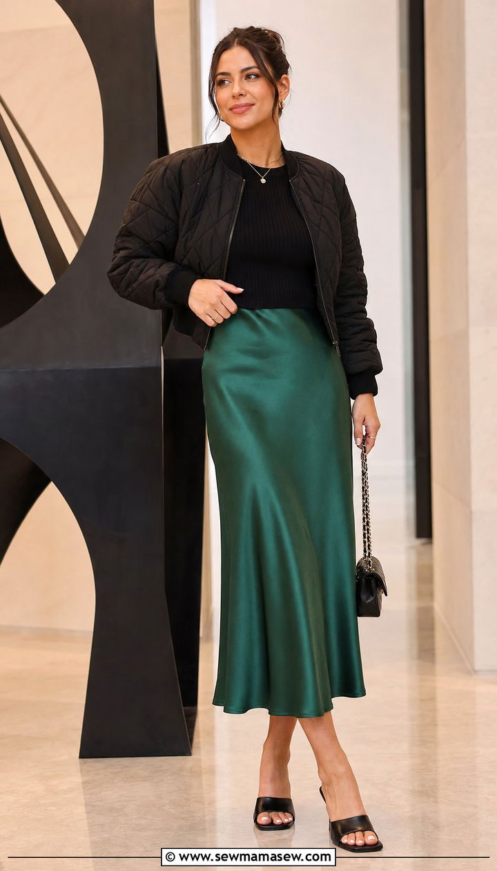 Bomber jacket with satin midi skirt outfit - 35 bomber jacket outfit ideas for women