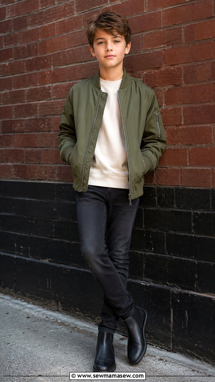 Bomber jacket with slim jeans and boots outfit - 30 Kids back to school outfit ideas