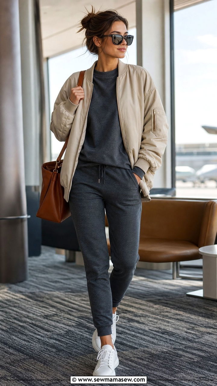Bomber jacket with sweatpants casual look - 35 bomber jacket outfit ideas for women
