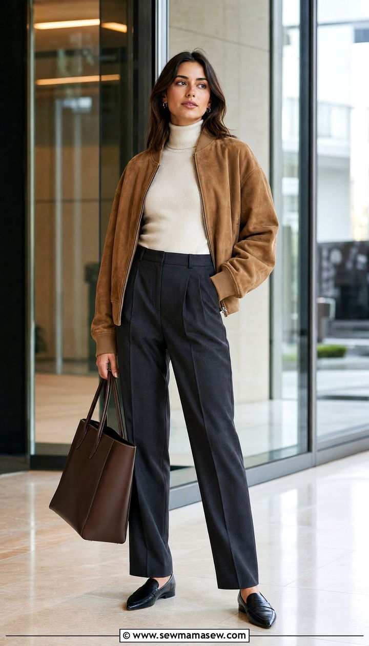 Bomber jacket with tailored trousers for work - 35 bomber jacket outfit ideas for women
