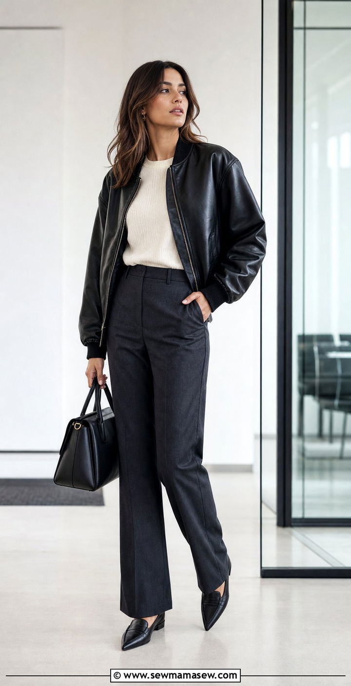 Bomber jacket with tailored trousers - 35 Bomber jacket outfit ideas