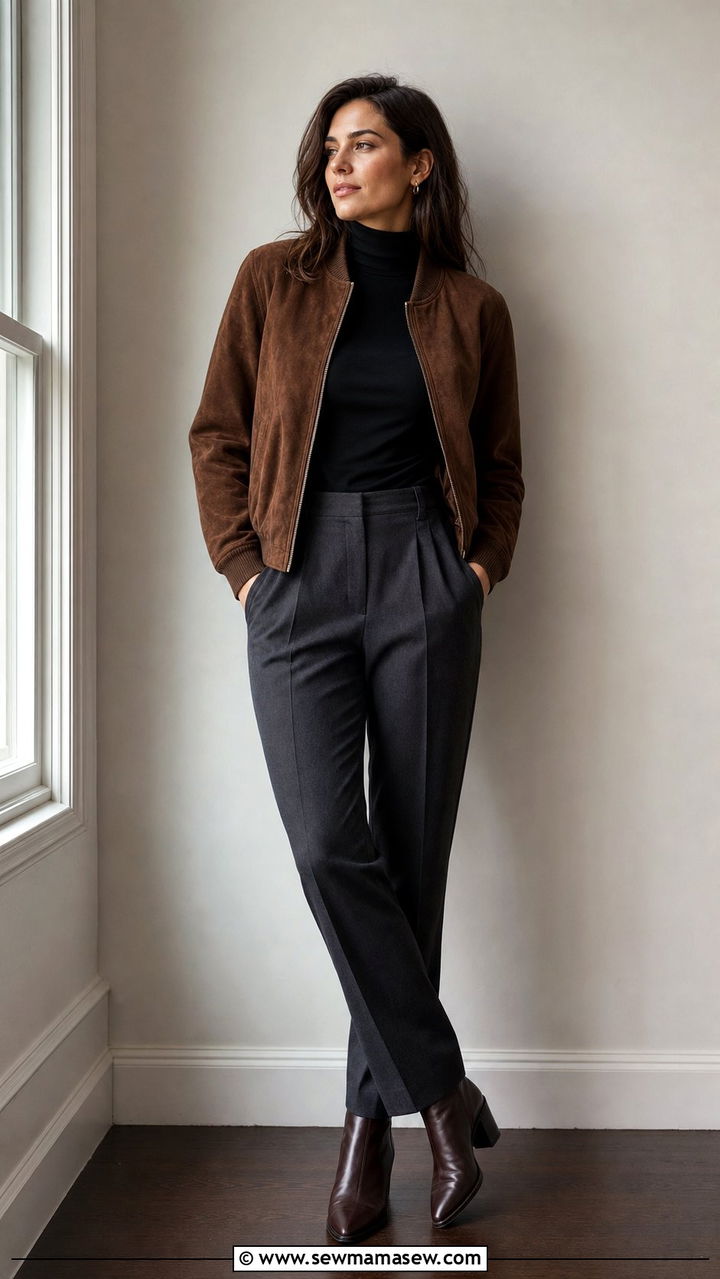 Bomber jacket with turtleneck and trousers - 35 Bomber jacket outfit ideas