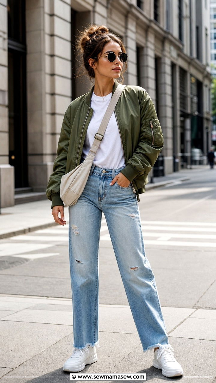 Bomber jacket with white tee and distressed jeans - 35 bomber jacket outfit ideas for women