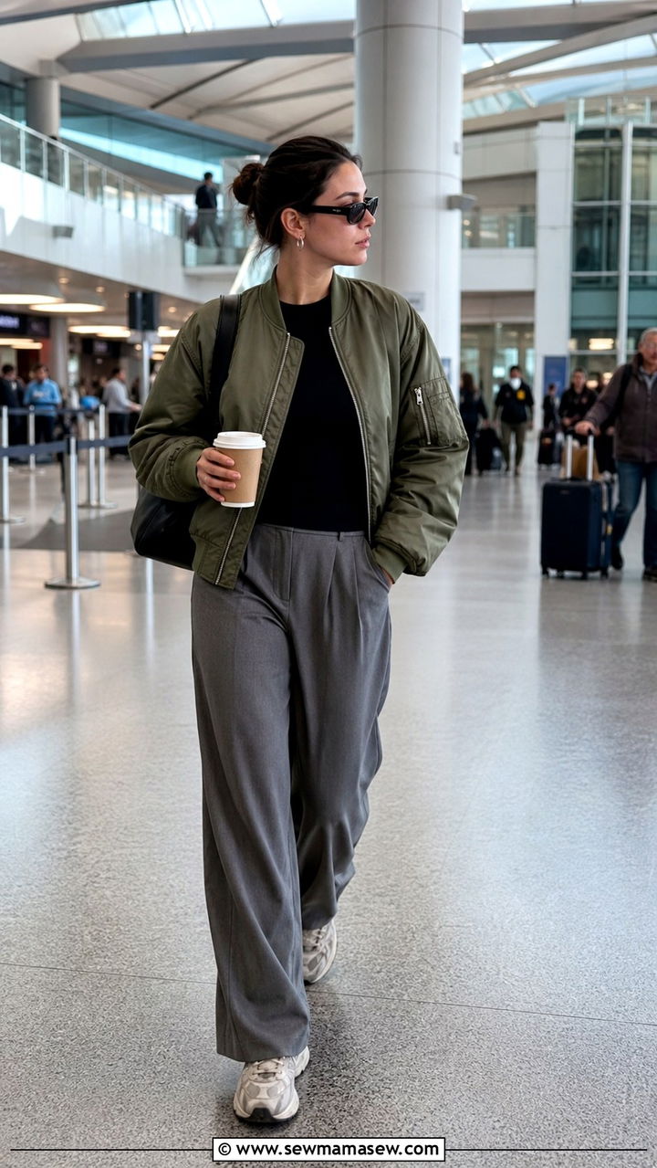 Bomber jacket with wide leg trousers and sneakers long flight - 40 Long flight outfit ideas