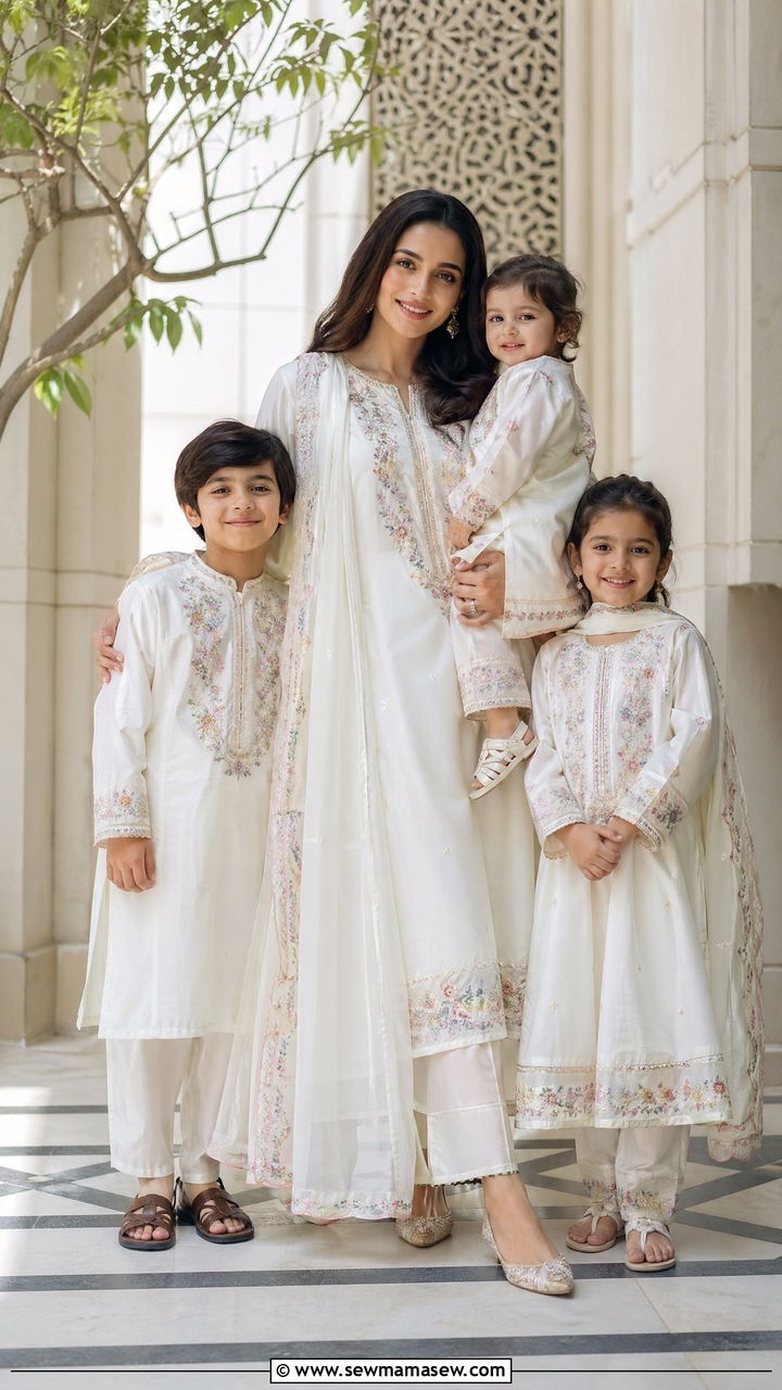 Bone White and Pastel Floral Family Matching Set - 35 Eid outfit ideas for moms