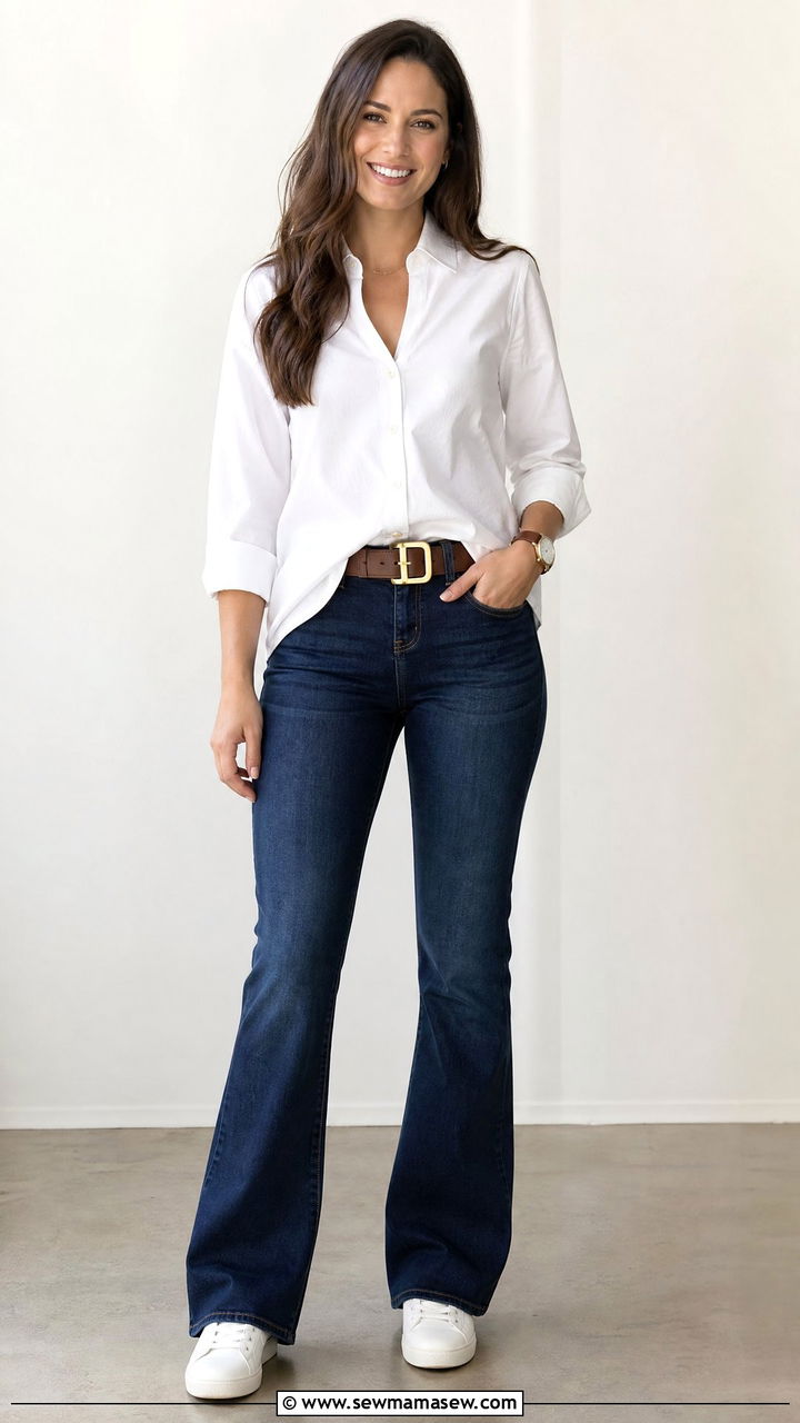 Bootcut Jeans White Sneakers ButtonDown Shirt - 25 Bootcut jeans outfit ideas with white sneakers