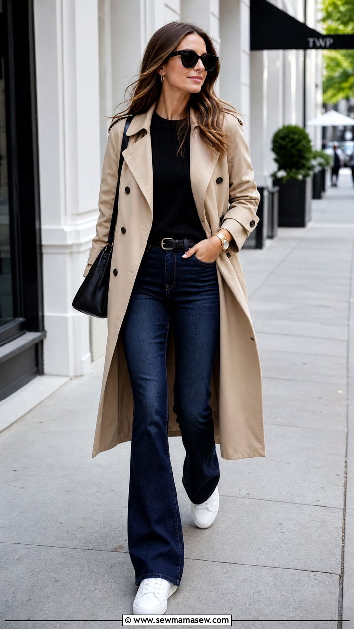 Bootcut Jeans White Sneakers Trench Coat - 25 Bootcut jeans outfit ideas with white sneakers
