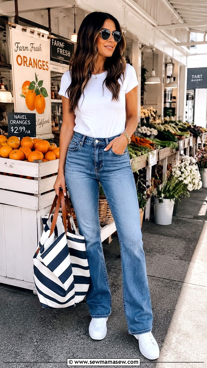 Bootcut Jeans White Sneakers With A Tote Bag - 25 Bootcut jeans outfit ideas with white sneakers