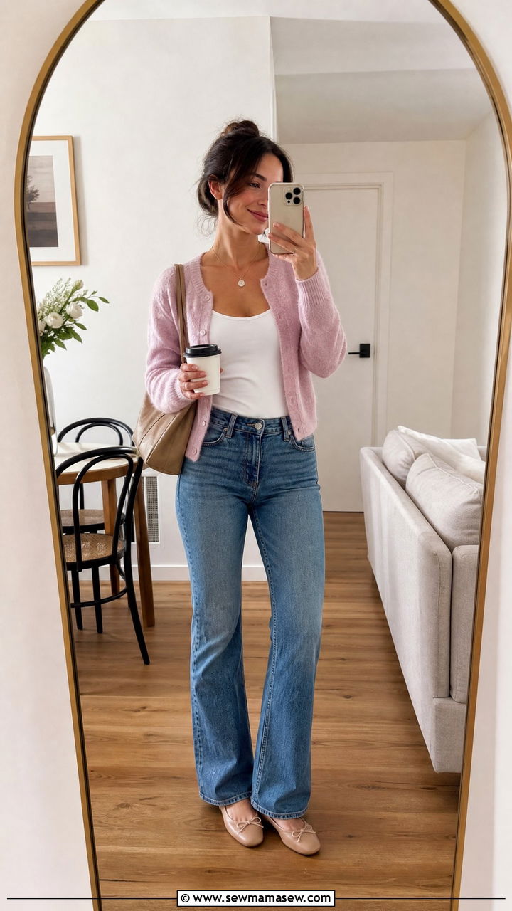 Bootcut Jeans With Cardigan and Ballet Flats - 25 Bootcut jeans outfit ideas with flats