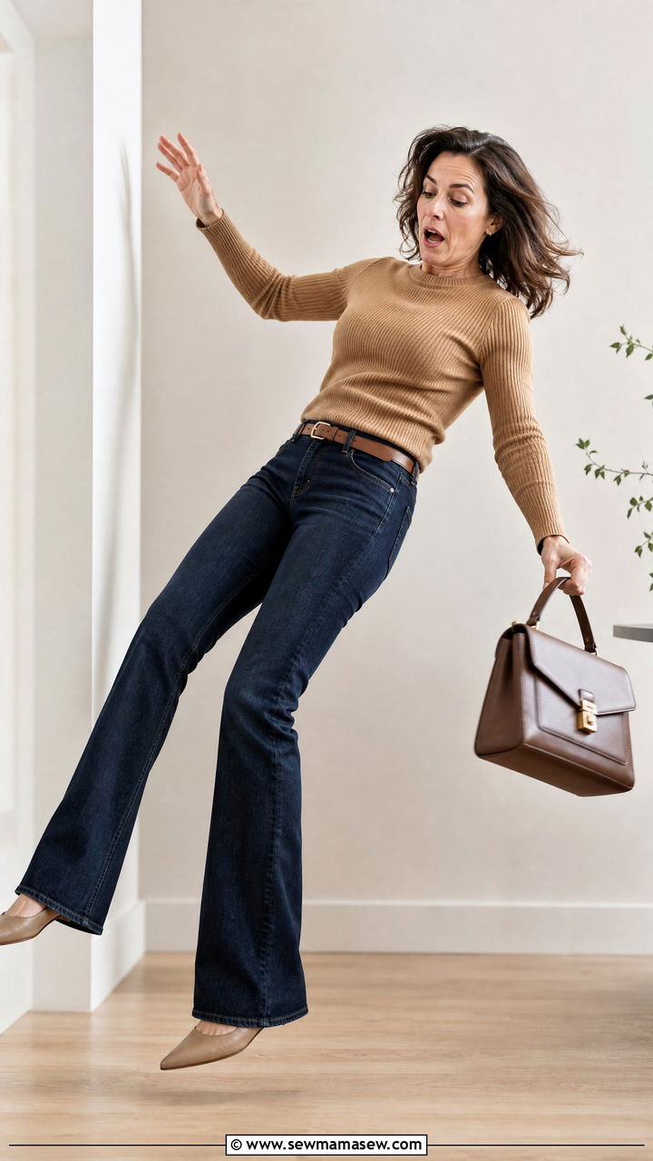 Bootcut Jeans With Fitted Ribbed Knit And Pointed Flats - 35 jeans outfits for women over 40