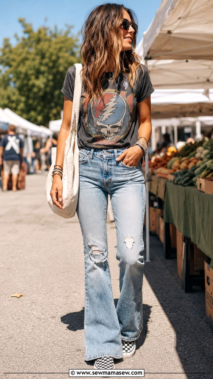Bootcut Jeans With Graphic Tee and Slip On Sneakers - 25 Bootcut jeans outfit ideas with flats