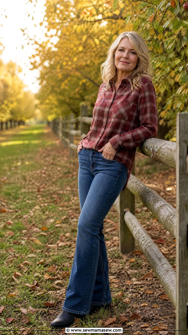 Bootcut Jeans With Plaid Shirt And Chelsea Boots - 35 Jeans outfit ideas for women over 50