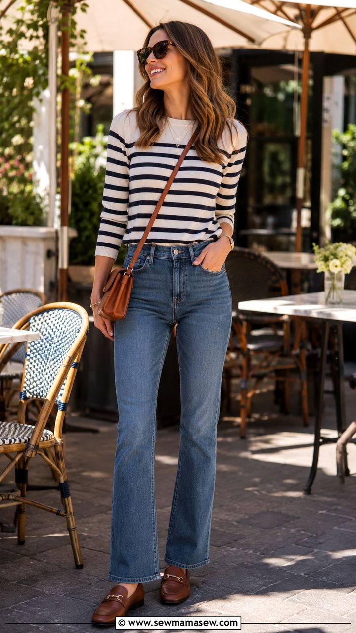 Bootcut Jeans With Striped Top and Loafers - 25 Bootcut jeans outfit ideas with flats