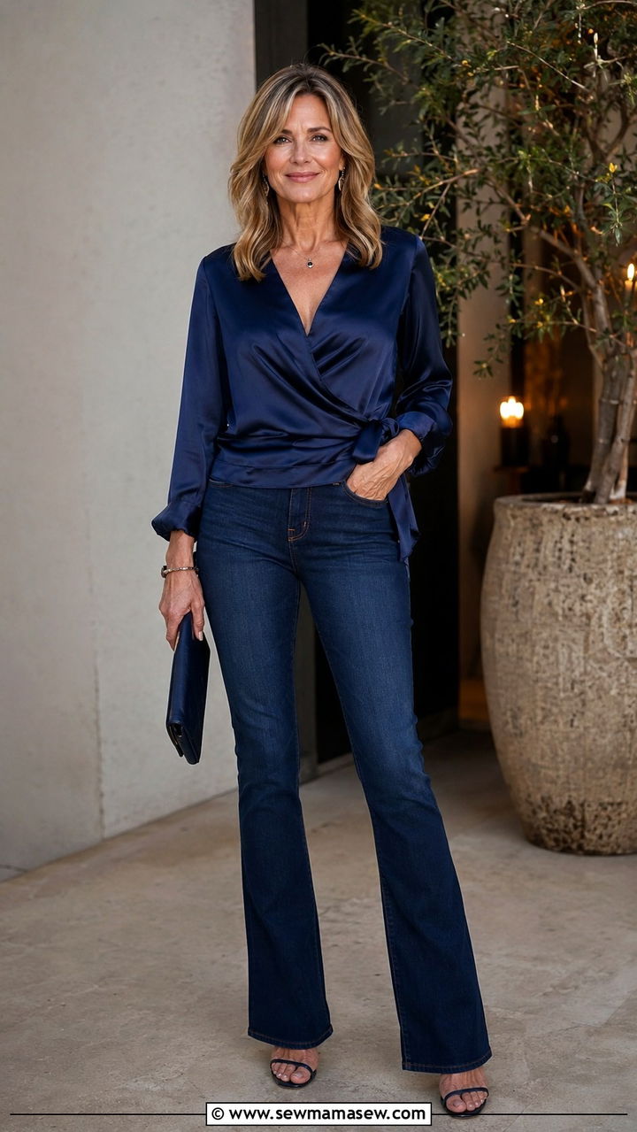 Bootcut Jeans With Wrap Blouse - 20 Outfit ideas for apple shape over 50