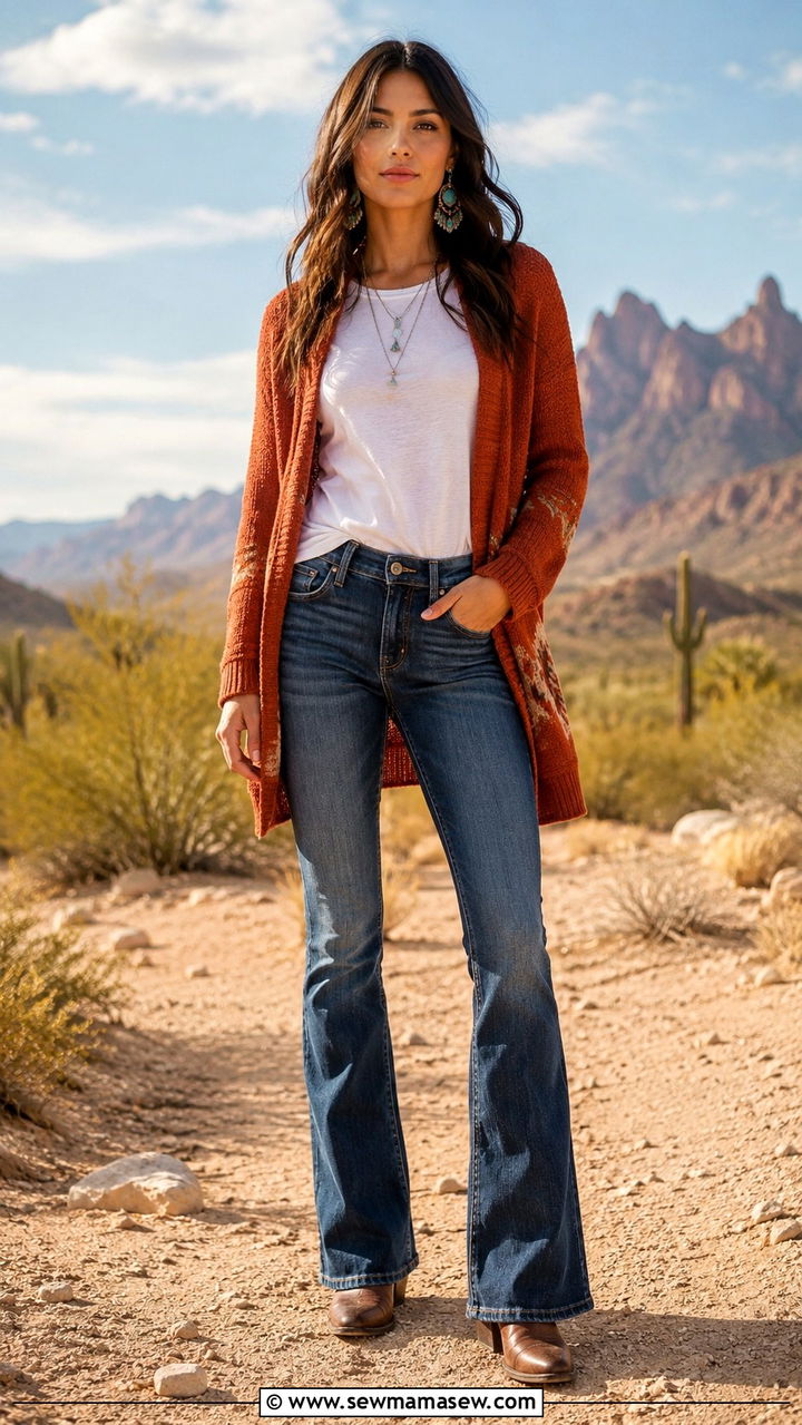 Bootcut Jeans With a Cardigan and Western Ankle Boots - 25 Bootcut jeans outfit ideas with a cardigan