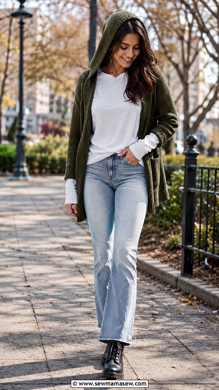 Bootcut Jeans With a Hooded Cardigan and Combat Boots - 25 Bootcut jeans outfit ideas with a cardigan