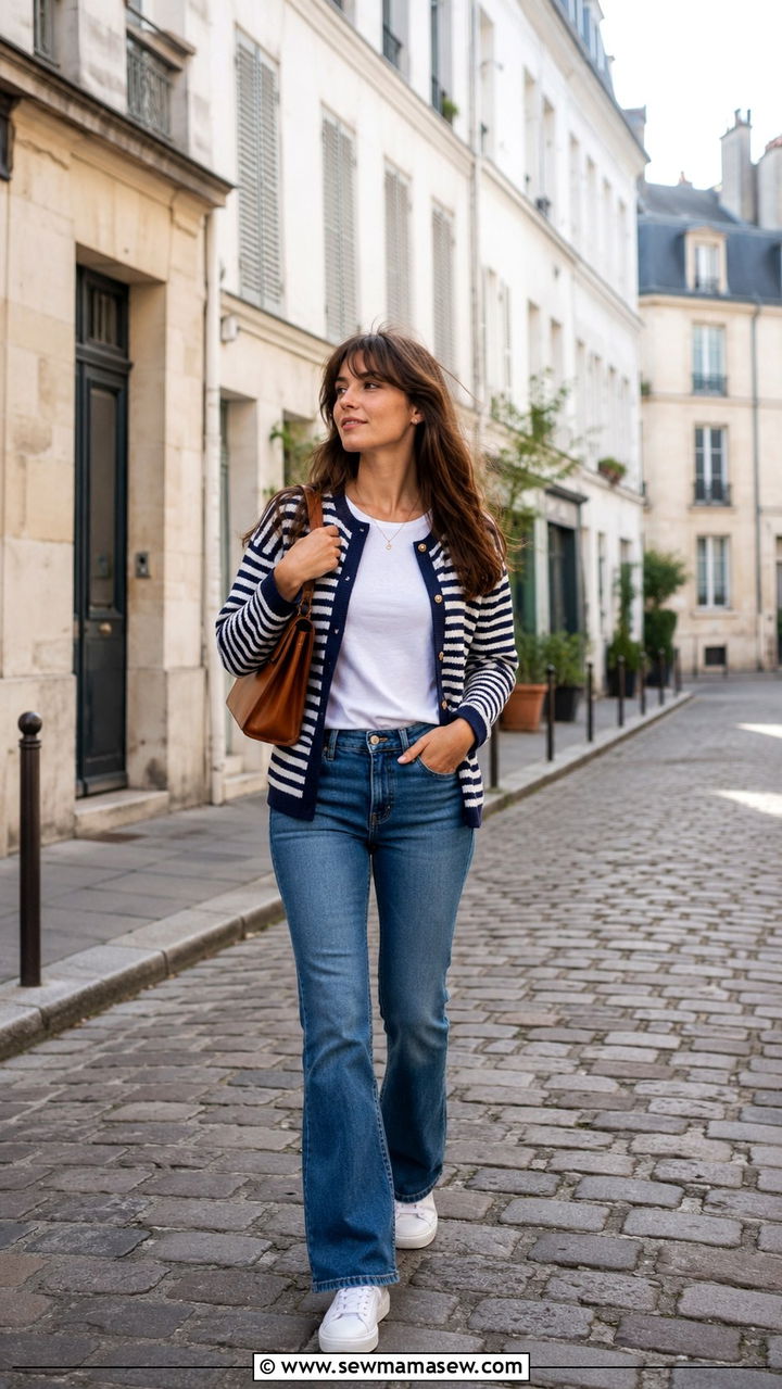 Bootcut Jeans With a Striped Cardigan and White Canvas Sneakers - 25 Bootcut jeans outfit ideas with a cardigan