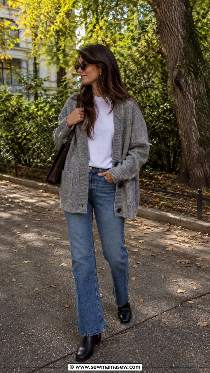 Bootcut Jeans With an Oversized Cardigan and Chelsea Boots - 25 Bootcut jeans outfit ideas with a cardigan