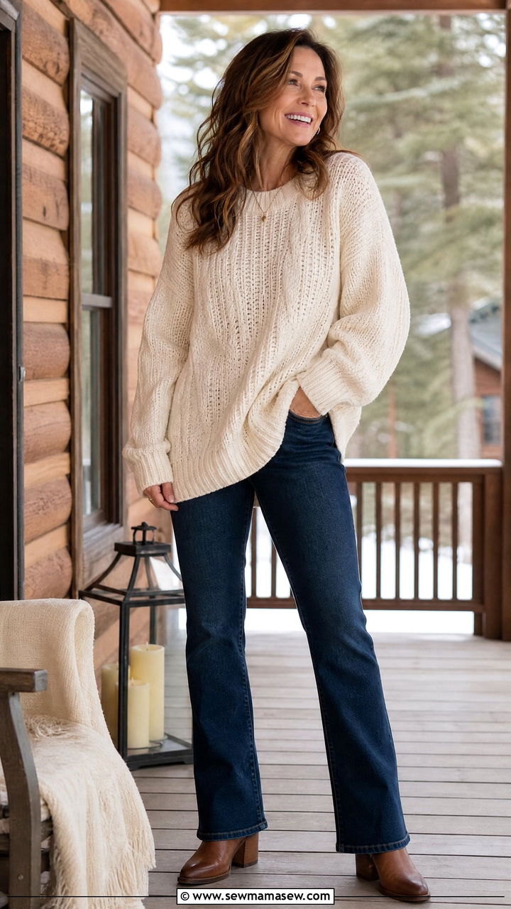 Bootcut Jeans and Chunky Knit Sweater With Block Heel Ankle Boots - 35 Jeans and heels outfit ideas over 40