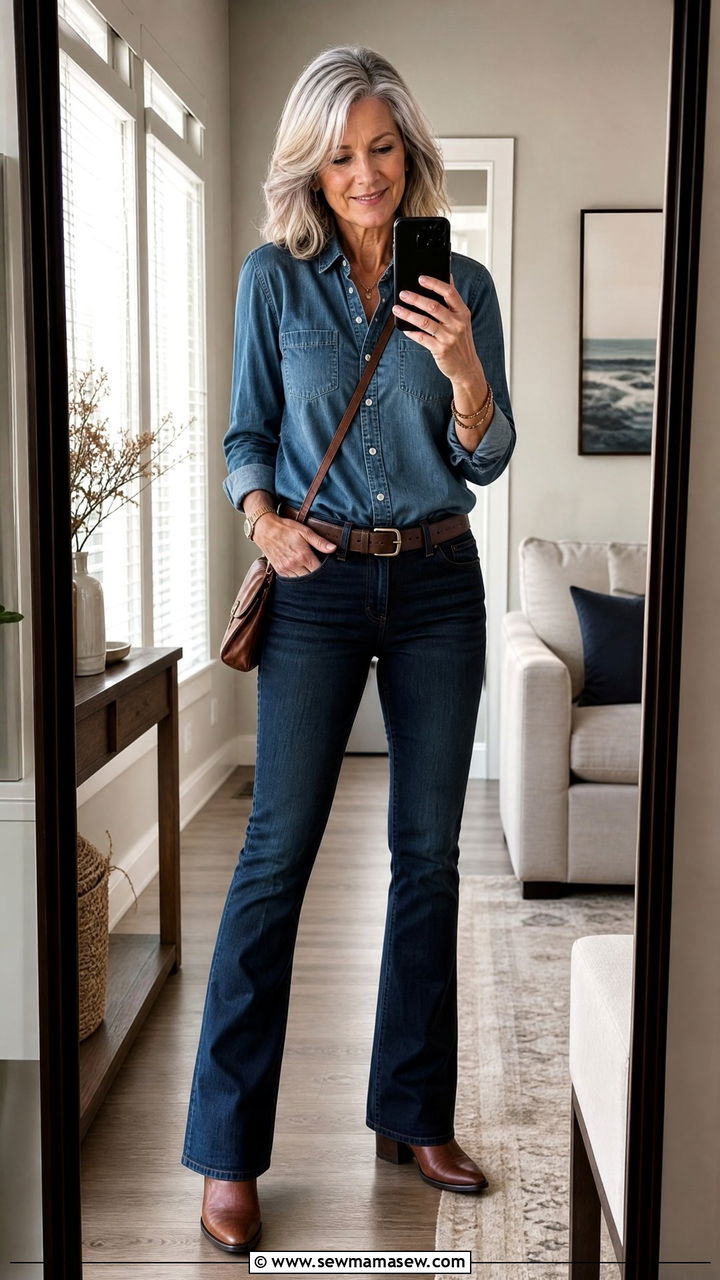 Bootcut Jeans with Button Down Shirt and Leather Belt - 35 Jeans outfit ideas for women over 60