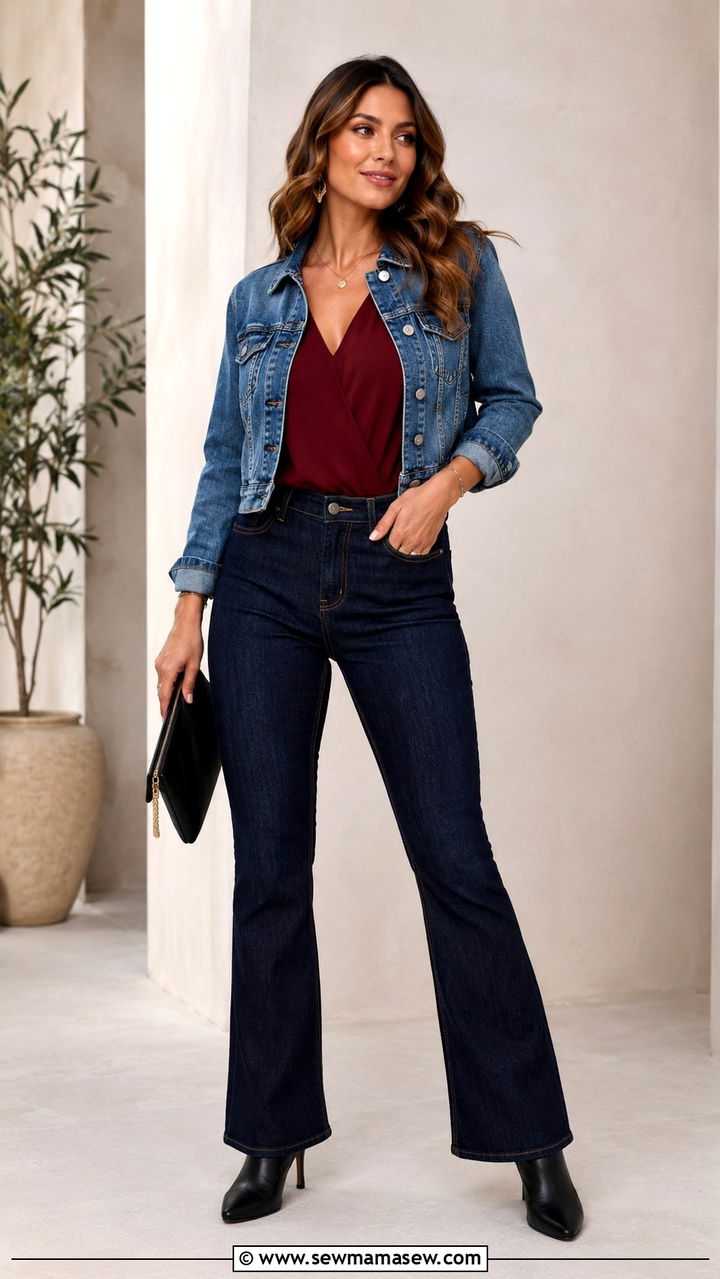 Bootcut Jeans with V Neck Blouse and Structured Jacket - 25 Outfits that flatter the midsection