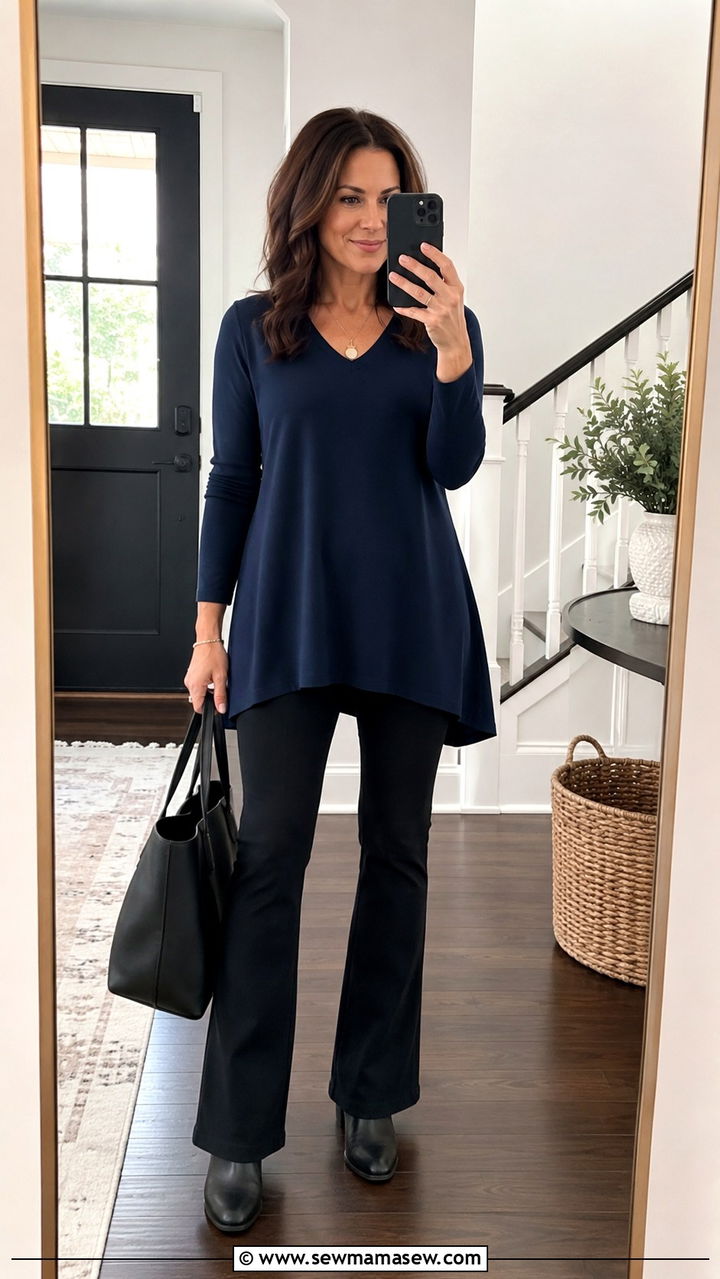 Bootcut Ponte Pants with Tunic Top - 25 Outfits to minimize hips