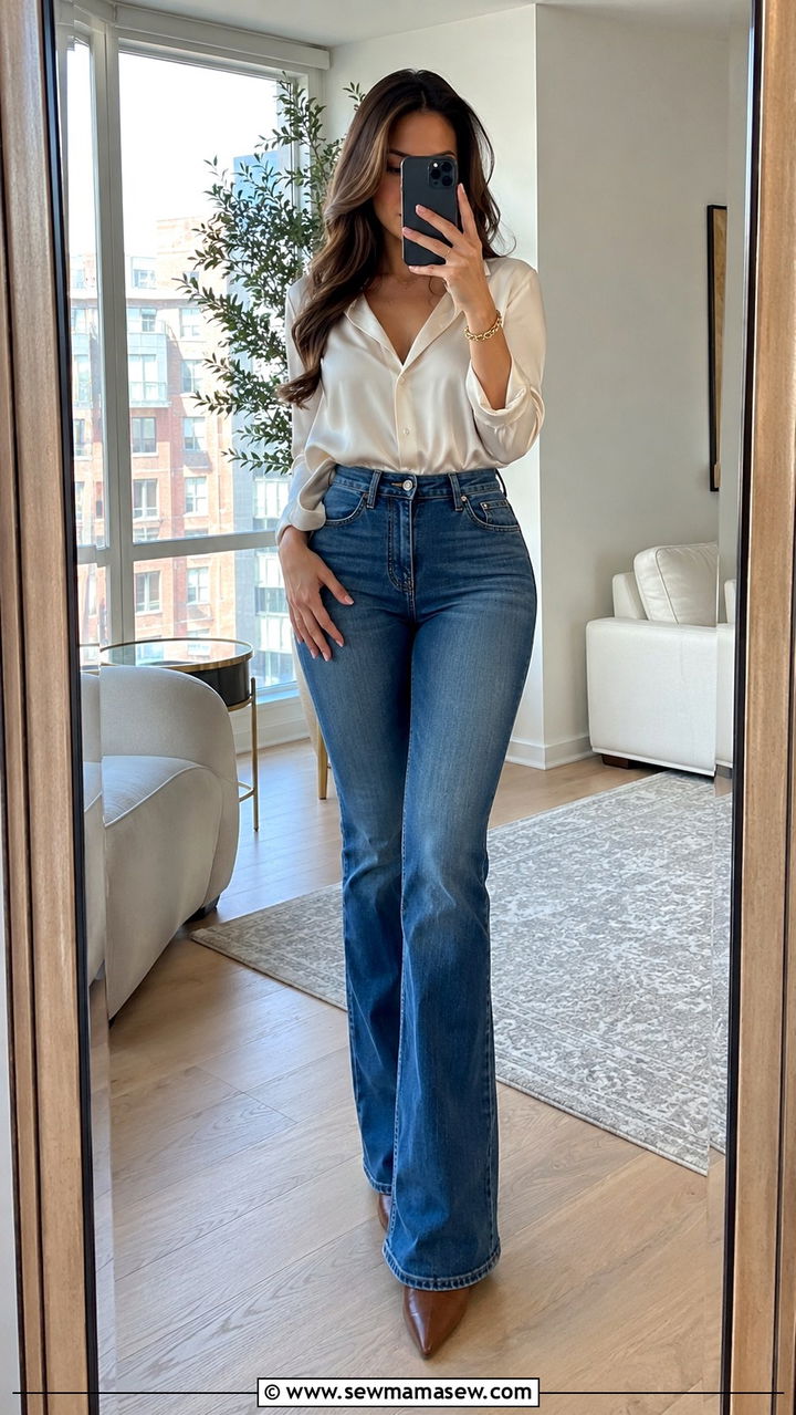Bootcut jeans and tucked blouse outfit for hourglass body - 30 outfit ideas for hourglass body
