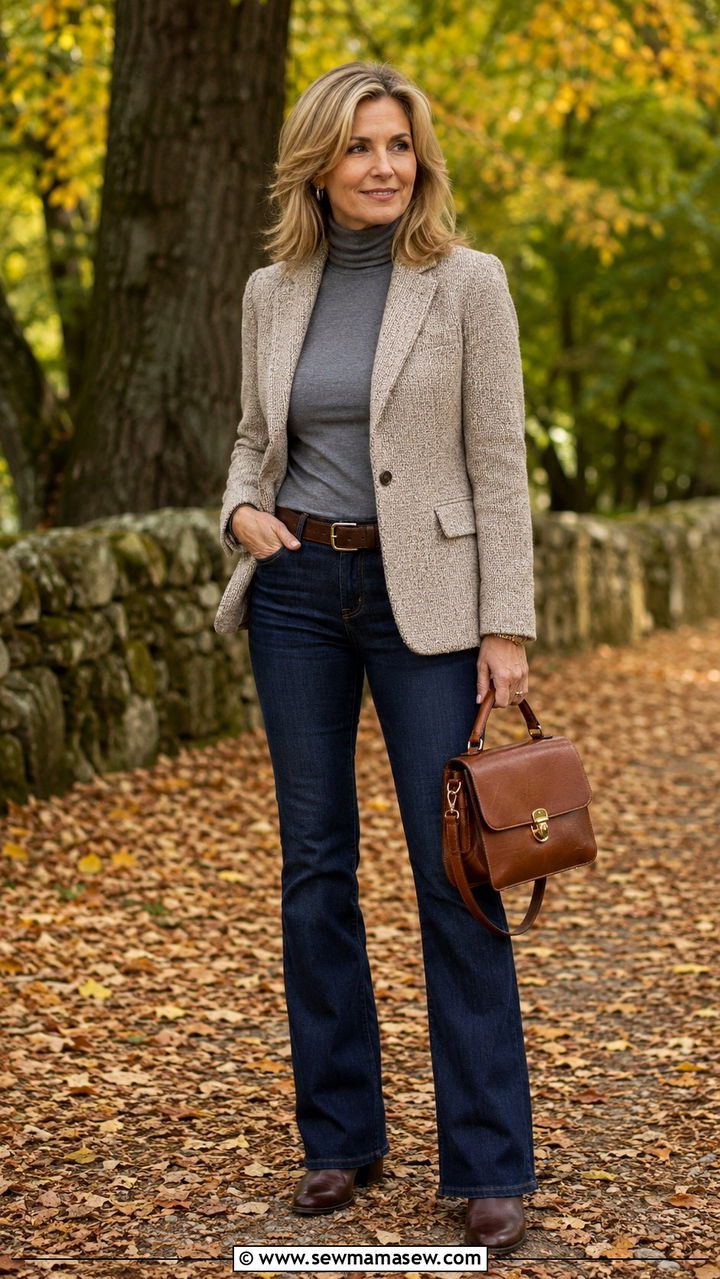 Bootcut jeans and tweed blazer - 20 Jeans and blazer outfit ideas over 50