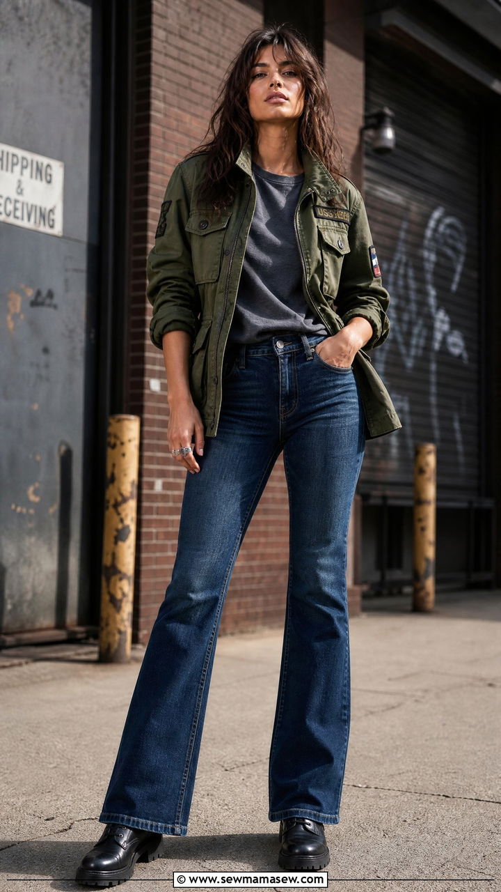 Bootcut jeans with a military jacket and boots - 25 How to style bootcut jeans