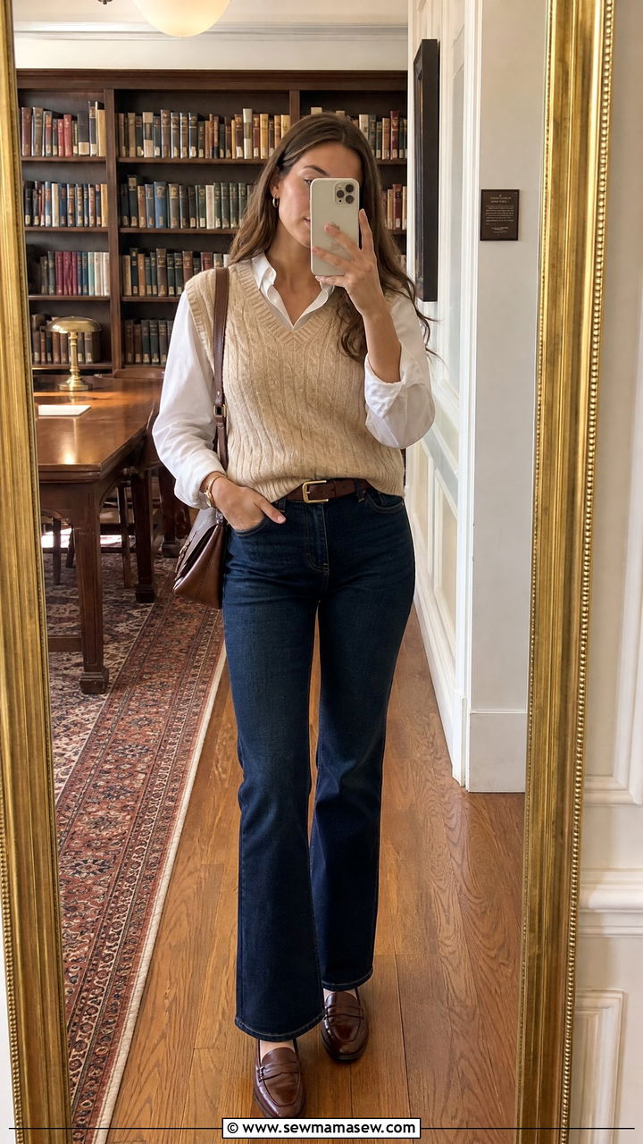Bootcut jeans with a sweater vest and loafers - 25 How to style bootcut jeans