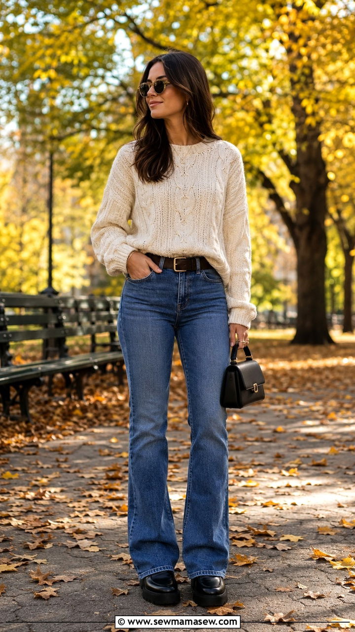Bootcut jeans with chunky cable knit sweater and platform loafers - 25 Bootcut jeans outfit ideas with loafers