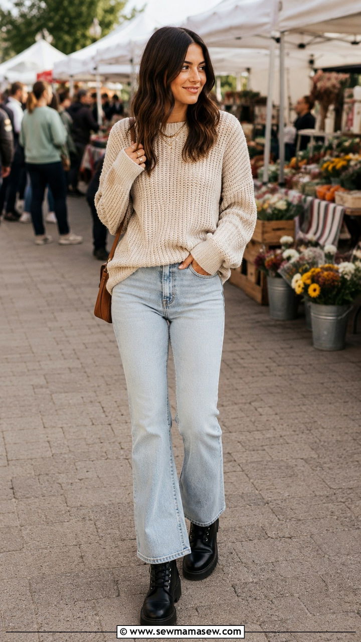 Bootcut jeans with chunky knit sweater and combat boots - 25 Bootcut jeans outfit ideas with a sweater