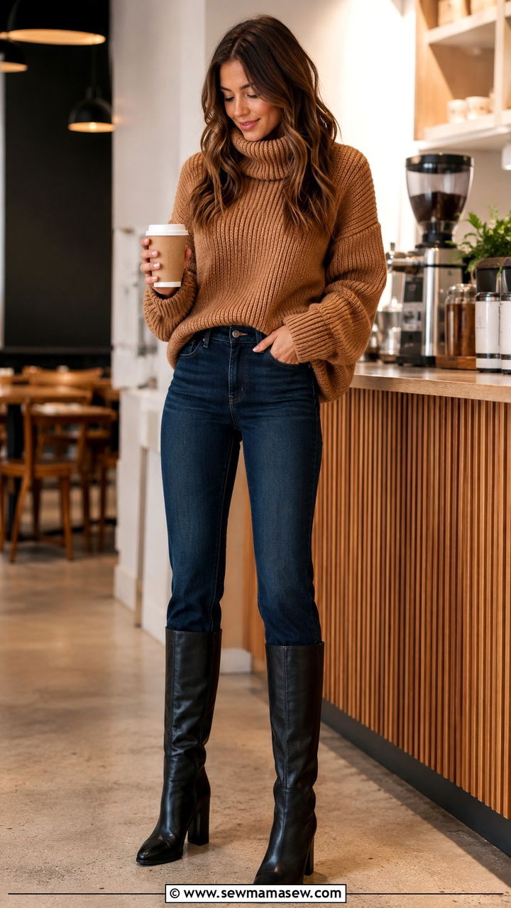 Bootcut jeans with chunky turtleneck and knee high boots - 25 Bootcut jeans outfit ideas with a sweater