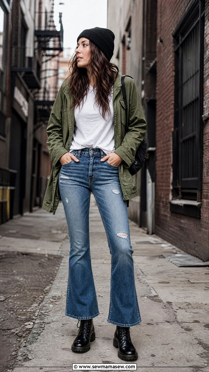 Bootcut jeans with combat boots - 25 Bootcut jeans outfit ideas with boots