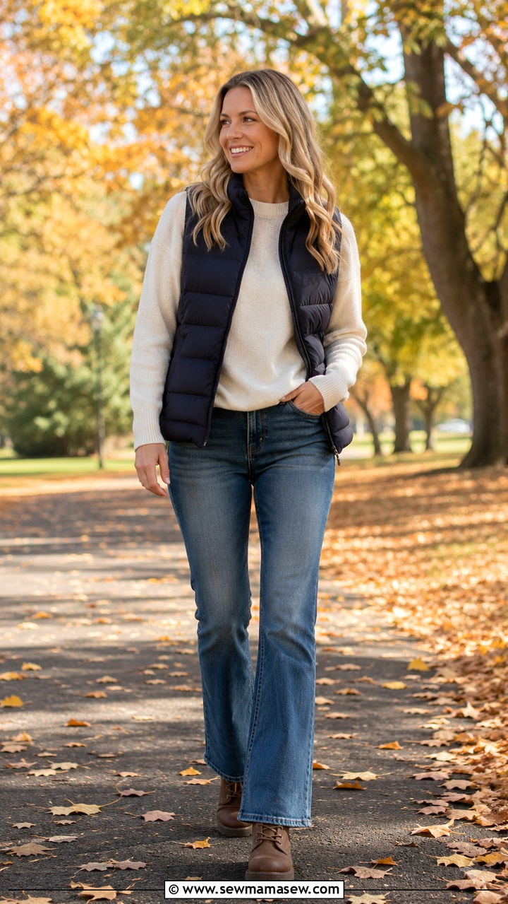 Bootcut jeans with crewneck sweater and puffer vest - 25 Bootcut jeans outfit ideas with a sweater