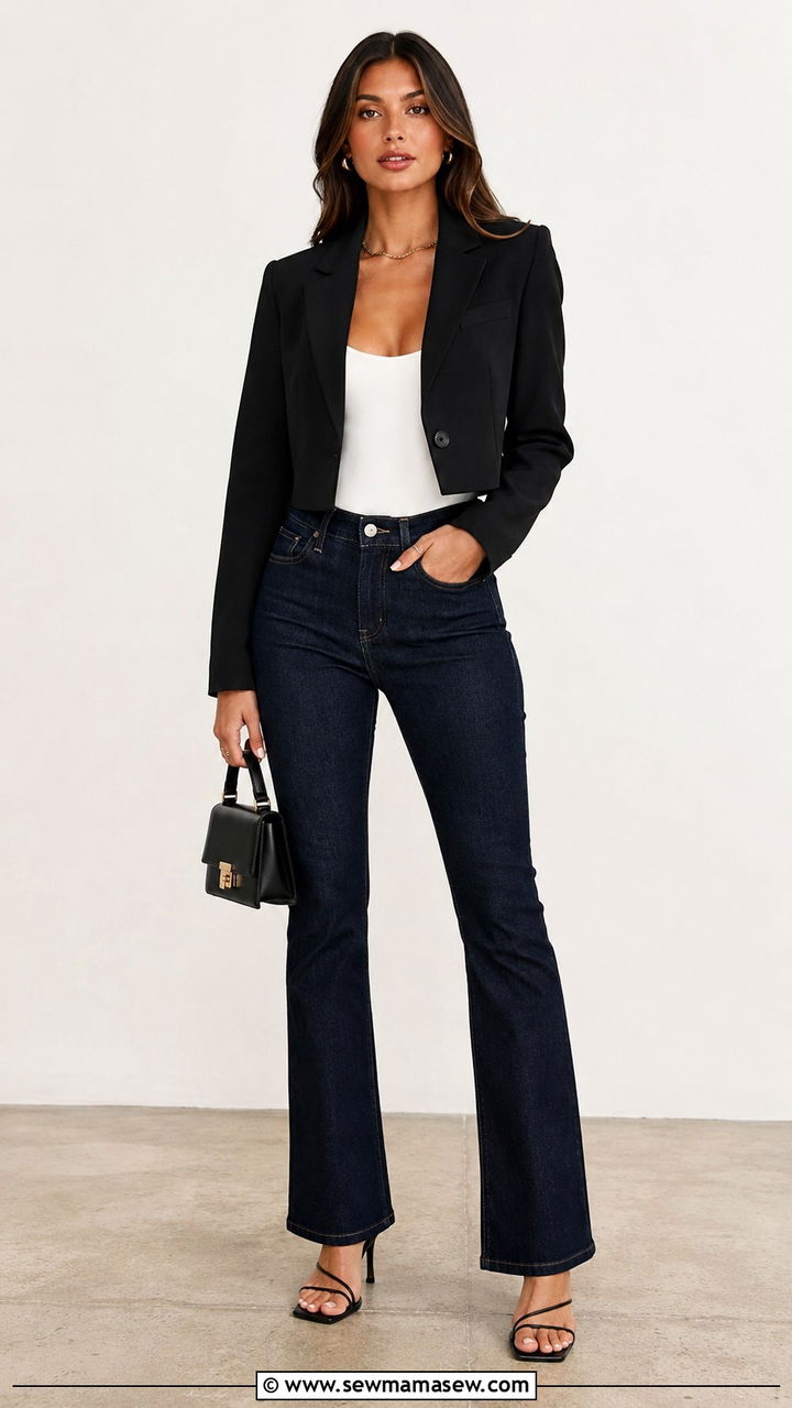 Bootcut jeans with cropped blazer and heels - 25 Bootcut jeans outfit ideas with a blazer