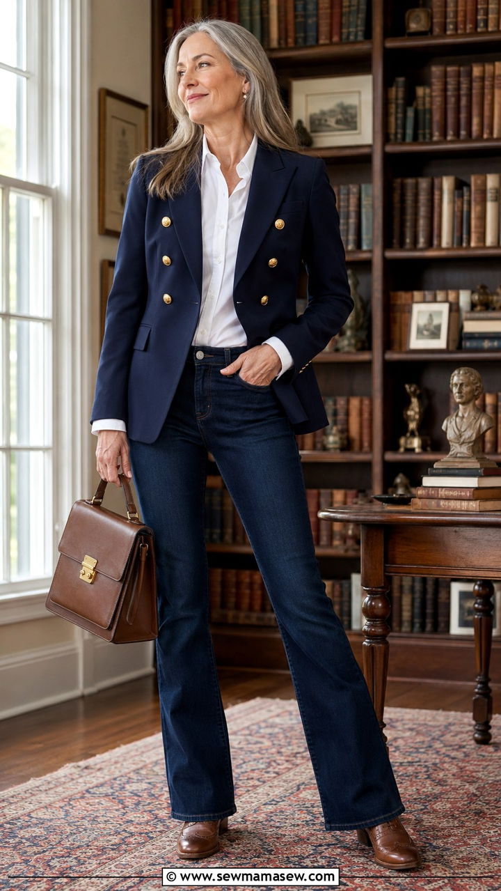 Bootcut jeans with double breasted blazer - 20 Jeans and blazer outfit ideas over 50